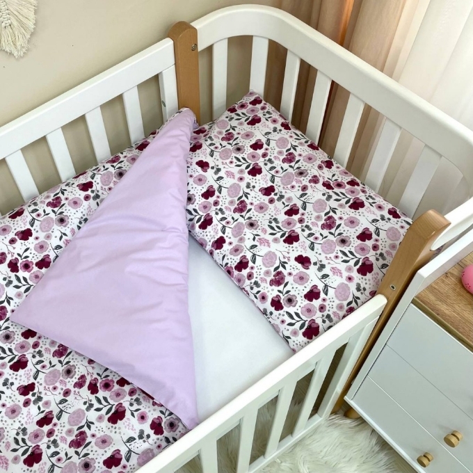 Set lenjerie de schimb pentru patut bebe 3 piese Mix flori mov (3)